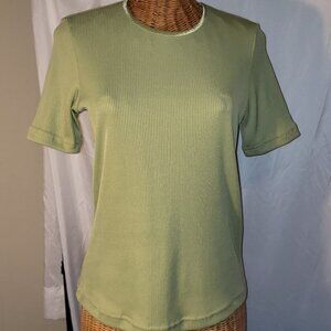 Ladies ALIA Ribbed Short Sleeve Knit Top in Green w/Satin Trim on Collar - S